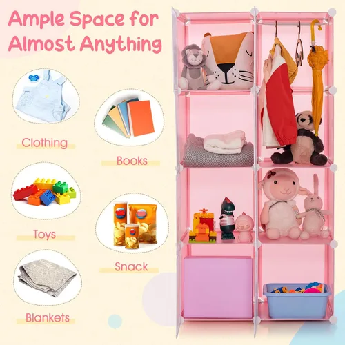 Miniatura 6 de INFANS Armario para niños, armario portátil para bebé, lindo para dormitorio de niños, armario de guardería con puertas, 12 cubos, 2 secciones