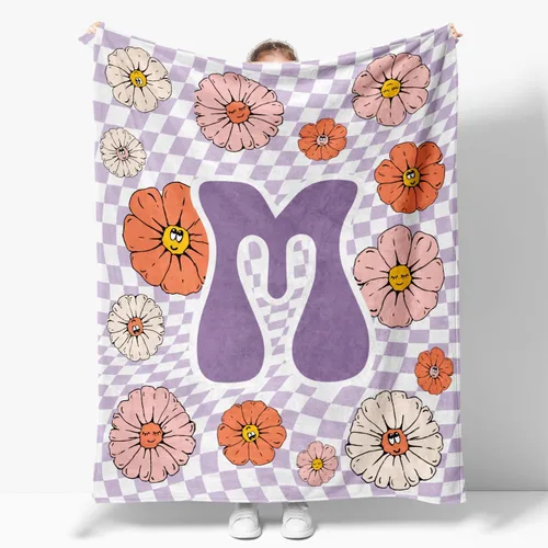 Miniatura 12 de Manta retro de los años 70 con inicial B floral a cuadros, groovy abstracta estética, manta de franela suave personalizada, regalos con monograma
