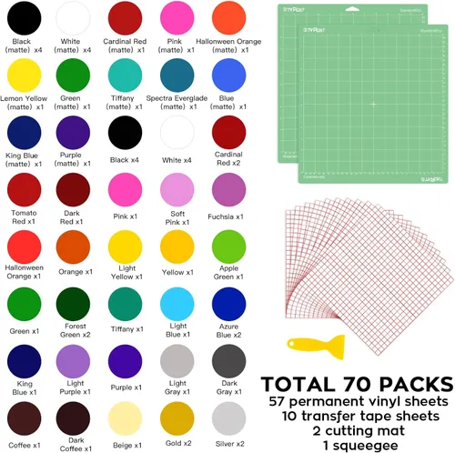 Miniatura 2 de HTVRONT Paquete de 70 vinilos para máquina de corte, 57 hojas de vinilo adhesivo permanente de 12 x 12 pulgadas, 2 alfombrillas de corte y 10 papel