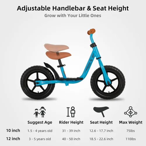 Miniatura 4 de Joystar Bicicleta de equilibrio de 10 y 12 pulgadas para niñas y niños, de 18 meses a 5 años, bicicleta para niños con reposapiés y altura de Azul