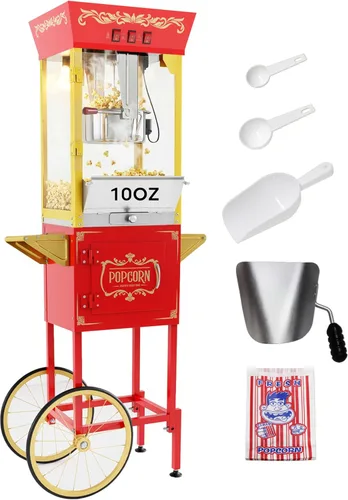 Máquina de palomitas PopBria con carrito, auténtica máquina de palomitas estilo cine de 10 oz con bandeja calentadora, máquina de palomitas vintage