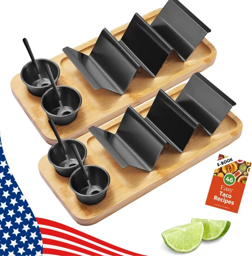 Miniatura 9 de Kit de Soportes para Tacos, Set 3-en-1 - Soporte para Concha de Taco + Bandeja de Servicio + Taza para Salsa, Plato de Presentación para Tacos