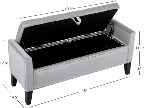 Miniatura 3 de LOULENS Banco otomano de almacenamiento de terciopelo de 45 pulgadas, banco tapizado en el extremo de la cama, banco de almacenamiento moderno Gris