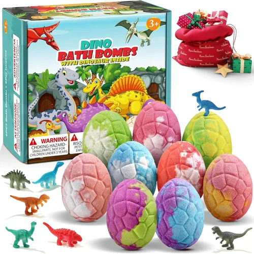 Qivatex Bombas de baño para niños con juguetes de dinosaurios en el interior, paquete de 9 bombas de baño de dinosaurios orgánicos naturales y