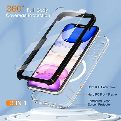 Miniatura 5 de COOLQO Funda magnética para iPhone 11 con protectores de pantalla, compatible con MagSafe, protección contra caídas de grado militar, funda