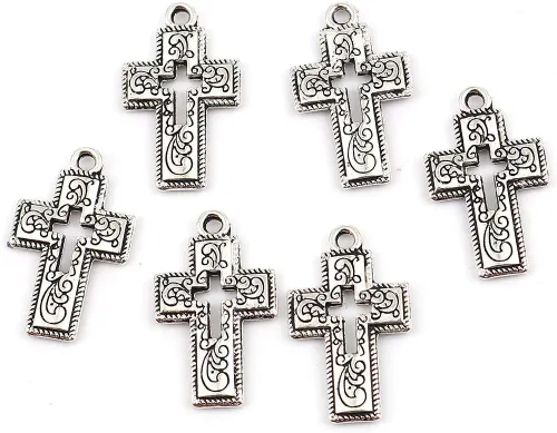 Miniatura 7 de JGFinds Colgantes con dije de cruz – Paquete de 130 (30 de corazón, 50 de cada una de las cruces) aspecto de filigrana de estilo antiguo, tono