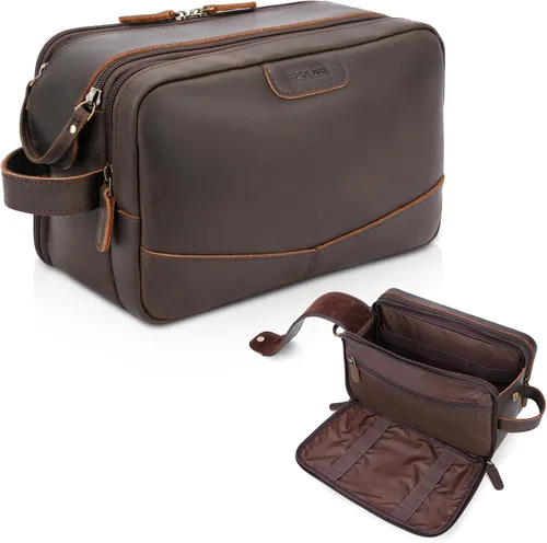 Polare - Neceser de cuero de grano completo, kit de afeitado, estuche de viaje, bolsa de lavado con cremalleras YKK