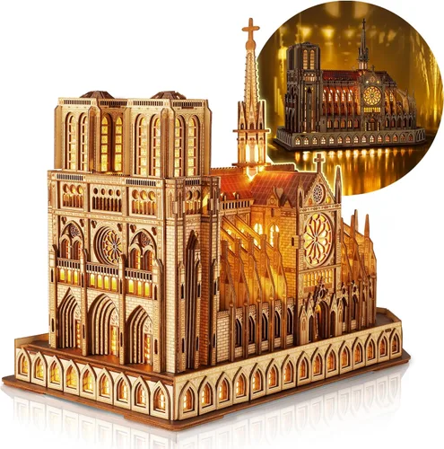 FUNPOLA Rompecabezas 3D de Madera LED - Modelo de Arquitectura de Notre Dame de París Edición Nocturna con Iluminación LED - Kit de Artesanía para