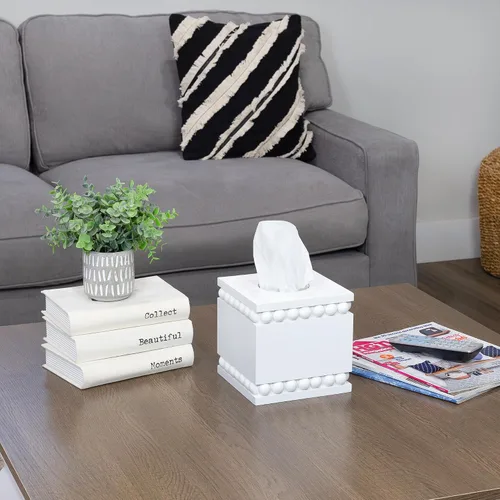 Miniatura 5 de AuldHome Design Cubierta cuadrada para caja de pañuelos con cuentas (blanca); soporte de pañuelos de madera rústico de granja