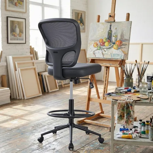 Miniatura 2 de HYLONE Silla de oficina sin brazos con reposapiés, silla de escritorio giratoria de piel sintética, silla de dibujo de altura ajustable para oficina