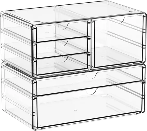Miniatura 8 de Yieach Paquete de 3 cajones de almacenamiento transparentes con 10 cajones, organizador de cajones de acrílico grande apilable de 11.1 pulgadas