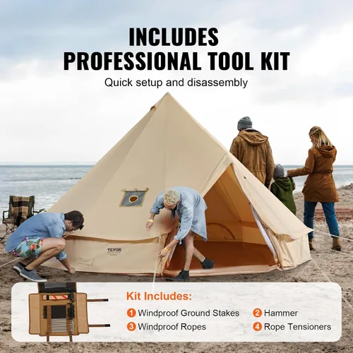 Miniatura 6 de VEVOR Tienda de Campana de Lona, Yurta de 4 Estaciones para Acampar con Toma de Estufa, Transpirable, Sostiene hasta 4 Personas, Acampada Familiar