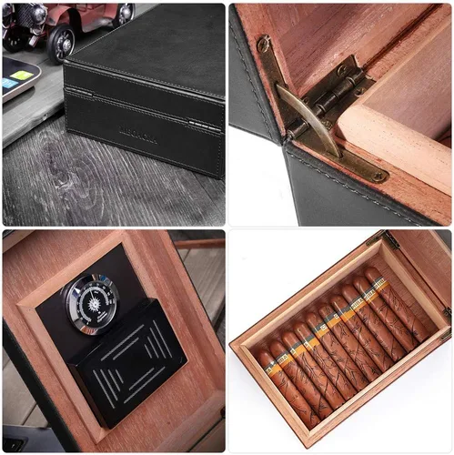Miniatura 4 de Humidor de puros, superficie de cuero hecho a mano, con revestimiento de madera de cedro español sólido real, caja de escritorio con higrómetro