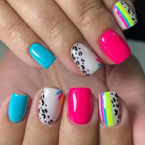 Uñas postizas cortas a presión, uñas acrílicas cuadradas, coloridas de cobertura completa, uñas adhesivas brillantes en líneas, uñas reutilizables