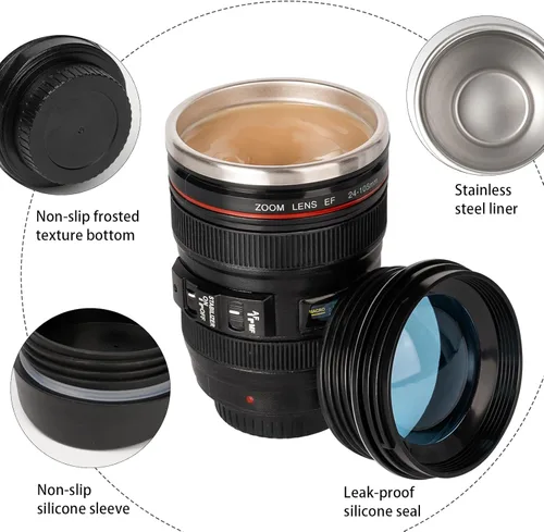 Miniatura 4 de Taza de café con lente de cámara, taza de café de viaje, taza de lente de acero inoxidable, termo con tapa y cuchara, regalos geniales para A azul