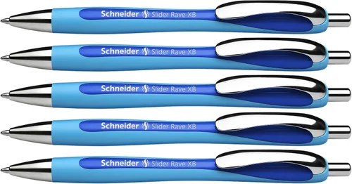 Schneider Slider Rave XB (Extra Broad) - Bolígrafos de punta redonda, recargables + retráctiles, 1.4 mm, barril azul claro, tinta azul, caja de 5