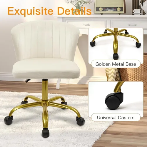 Miniatura 8 de CLATINA Silla de escritorio de terciopelo para el hogar con ruedas de base dorada, altura ajustable, tapizada, cómoda, ergonómica, sin brazos