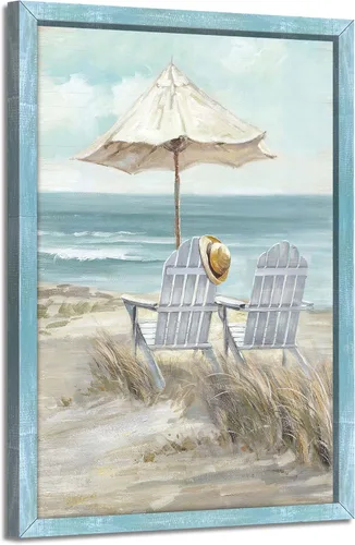 Miniatura 19 de Arte de pared enmarcado costero abstracto, imagen de silla de playa, pintura moderna del océano, impresiones de paisaje marino relajante, decoración