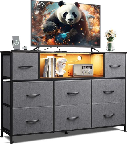 Miniatura 16 de WLIVE - Soporte de TV con cómoda en negro para TV de 45, 50, 55 pulgadas, centro de entretenimiento con luces LED y estación de carga, cómoda con 8
