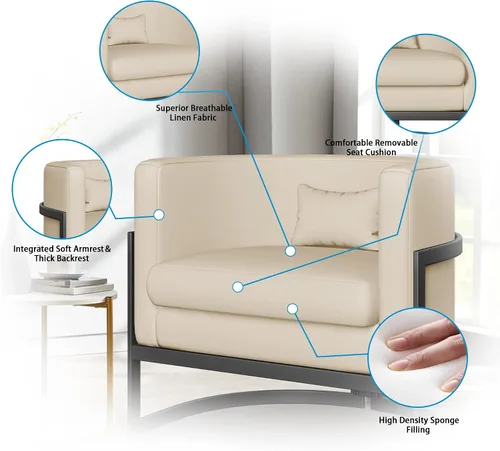 Miniatura 9 de Silla Tapizada Moderna para Sala de Estar, Sillas de Acento Tipo Barril, Sillón de Cuero Sintético, Silla de Salón de Mediados de Siglo, Silla Beige