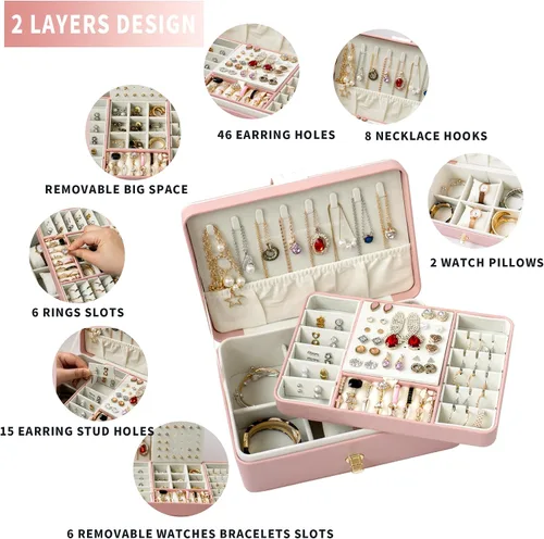 Miniatura 3 de Organizador de aretes para mujer, joyero grande de 2 capas con espejo, tarjeta de regalo hecha a mano y papel de regalo, soporte de joyería de piel