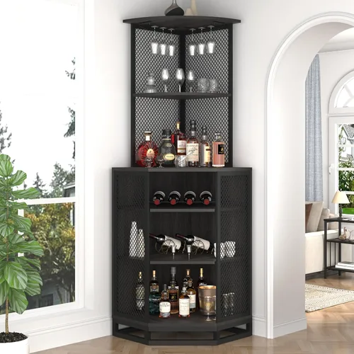 IBF Armario esquinero de 71 pulgadas de alto para vino con soporte para vidrio, almacenamiento de licor industrial de 5 niveles con estante