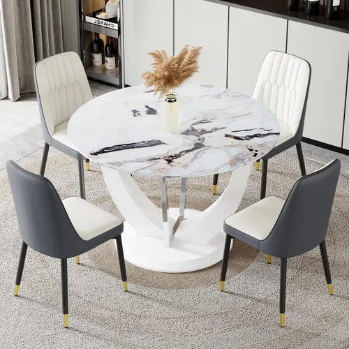 Miniatura 44 de JUFU Juego de mesa de comedor redonda para 4, mesa de comedor de 48 pulgadas con mesa de mármol sintético y 4 sillas tapizadas, moderno juego