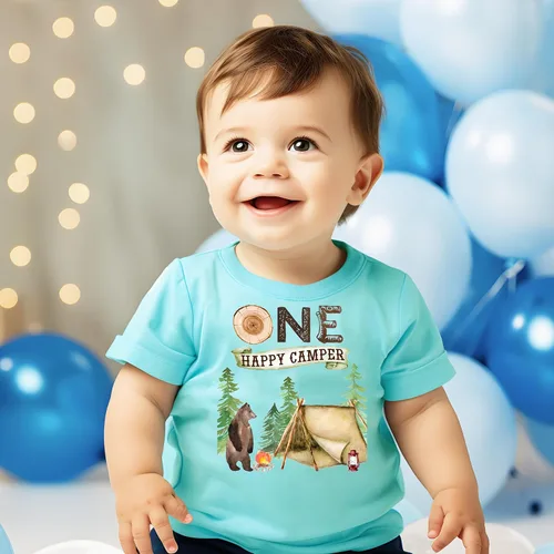 Miniatura 3 de Camisetas temáticas y raglanes One Happy Camper para el primer cumpleaños para acampar al aire libre para niñas y niños