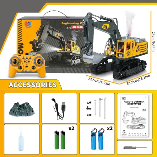 Miniatura 7 de Juguete de construcción de excavadora a control remoto, 14 canales 2.4Ghz RC con pulverización de motor real de simulación, rotación de 680°, pala