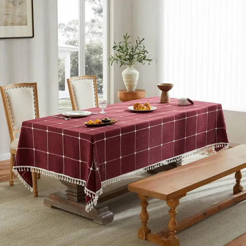 Miniatura 63 de ZeeMart - Mantel de mesa con diseño de cuadrícula boho y borlas (blanco roto, 132 cm x 132 cm), mantel de gran peso de lino a cuadros bordado