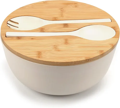Miniatura 11 de ShineMe Juego de Ensaladera Negra, Ensaladera Grande de Fibra de Bambú de 9.8 pulgadas con Tapa y Utensilios (Cuchara y Tenedor), Tazón Sólido