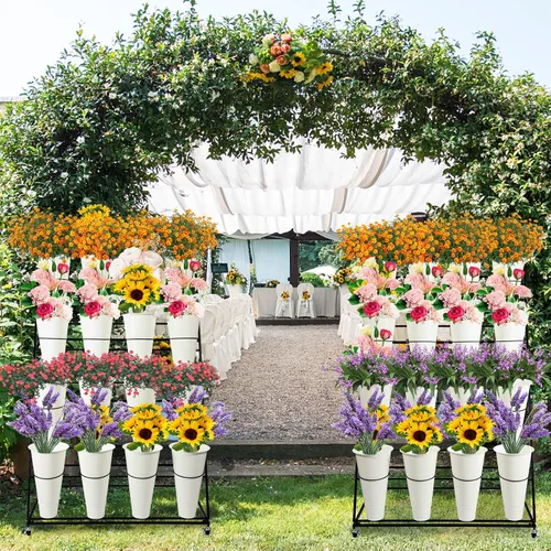 Miniatura 6 de Soporte de exhibición de flores con cubos, soporte de metal para plantas de 3 capas con ruedas, estante móvil para ramo de floristería para tienda