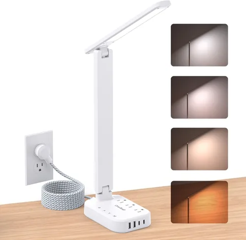 Miniatura 11 de One Beat Pequeña lámpara LED de escritorio, cable de extensión de 5 pies con 3 tomas, 4 puertos USB (2 USB C), 4 modos, lámpara táctil de 5 niveles