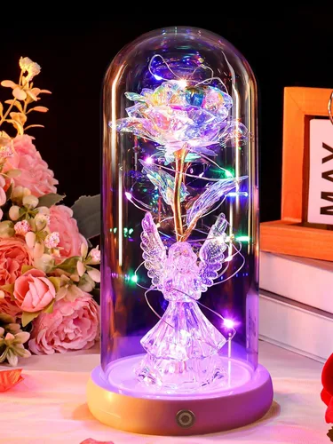 Miniatura 11 de Regalos de cumpleaños para mujer, rosa colorida con luz eterna en cúpula de cristal con mariposa, flores de Navidad para mamá, regalo de hija