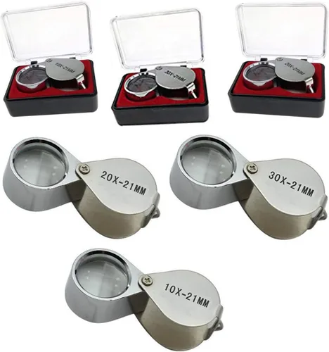 3 piezas 10X / 20X / 30X Jeweler - Lupa de cristal de diamante de metal, cuerpo redondo, lupa para ojos, lupa de ojo de 0.827 in de diámetro de la