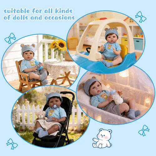 Miniatura 6 de EKOKIZ Ropa de muñecas Reborn para niños y niñas de 17 a 22 pulgadas, diseño de oso azul, a la moda, realista, conjunto de accesorios para muñecas