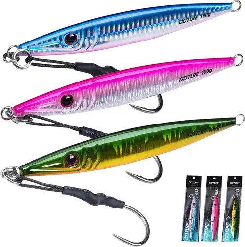 Miniatura 20 de Goture Fishing Jigs Saltwater 60g-200g with Assist Hook, Glow Vertical Jigs, Speed Fast Lead Jig Sea Fishing Jigging Spoon Lures for Tuna, Salmon
