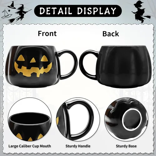 Miniatura 4 de Taza de calabaza negra de Halloween de 12 onzas, taza de café de cerámica Jack O'Lantern con cara dorada, regalos espeluznantes y lindos