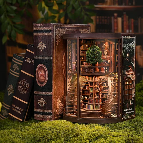Miniatura 3 de ACOCO Kit de rincón de libro de biblioteca clásica, rompecabezas de madera 3D con luz LED, decoración de estantería en miniatura, regalo