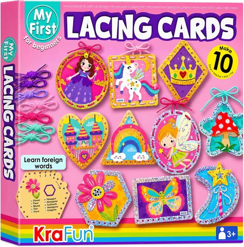 KRAFUN My First - Tarjetas de cordones para niñas de 3 años en adelante, 10 proyectos holográficos de princesa unicornio de artes y manualidades,