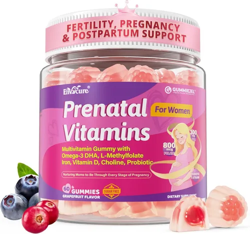 Vitaminas prenatales para mujeres, gomitas de vitaminas prenatales 37 en 1 con DHA, colina, hierro, metilfolato, vitamina D3 C B12 B6, apoyo