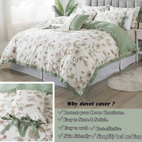 Miniatura 7 de FADFAY Juego de ropa de cama de 7 piezas, 100% algodón, diseño floral beige, tamaño Queen + funda de edredón, ropa de cama completa con flores rosas