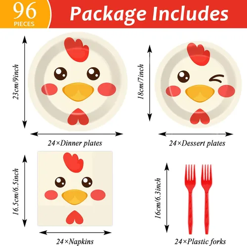 Miniatura 2 de gisgfim Paquete de 96 piezas de suministros para fiesta de cumpleaños de pollo, platos de papel, servilletas, decoración temática de fiesta