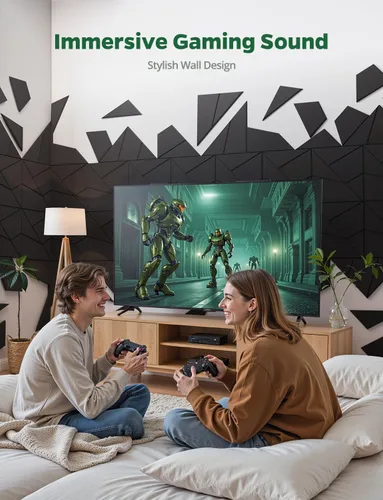 Miniatura 7 de Paquete de 18 paneles acústicos absorbentes de sonido para pared de sala de juegos, línea de corte decorativo negro, despegar y pegar, reducción