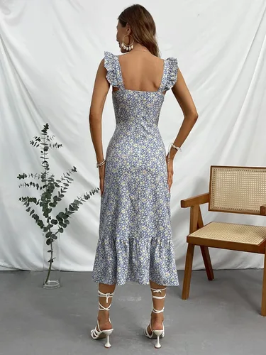 Miniatura 2 de SOLY HUX Women's Floral Print Ruffle Trim Split Hem Midi Cami Dress Boho Summer Dresses