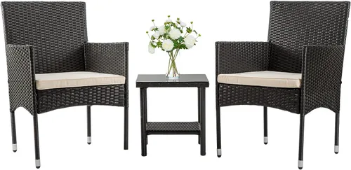 FDW | Juego de muebles de patio de 3 piezas | Negro | Muebles de mimbre para exteriores con mesa de café | Juego de sillas de ratán moderno para