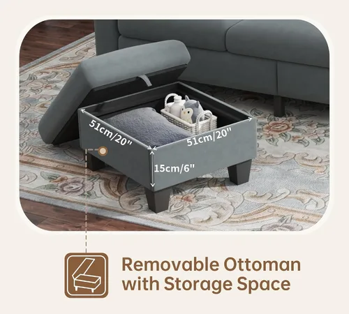 Miniatura 3 de Sofás seccionales para sala de estar, sofá convertible en forma de L con otomana de almacenamiento, modernos sofás de 3 asientos para apartamento