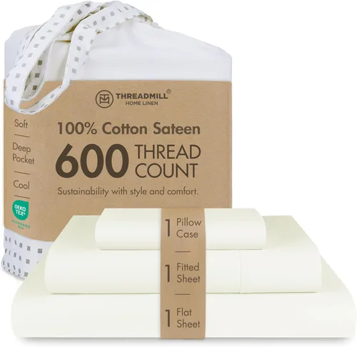 Miniatura 44 de Threadmill Sábanas de Algodón 100% para Cama Tamaño Queen - Juego de Sábanas Queen de 600 Hilos con Bolsillo Profundo de 16" - Juego de Ropa de Cama
