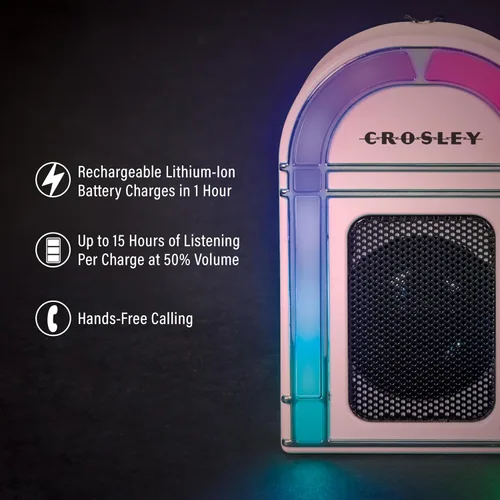 Miniatura 2 de Crosley CR3046A-PI Mini Jukebox Altavoz Bluetooth portátil con luces LED y micrófono, rosa Rosado