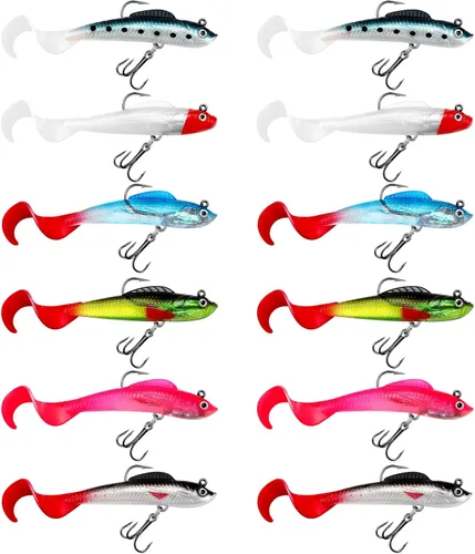 Miniatura 9 de Skylety 24 señuelos de pesca, señuelos de plástico suave para lubina, cabeza de jig, Swimbait, kit de aparejos de plástico suave realista para agua